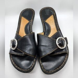 Born Black Leather Slides With Adjustable Buckle Low Wedge womens Size 9